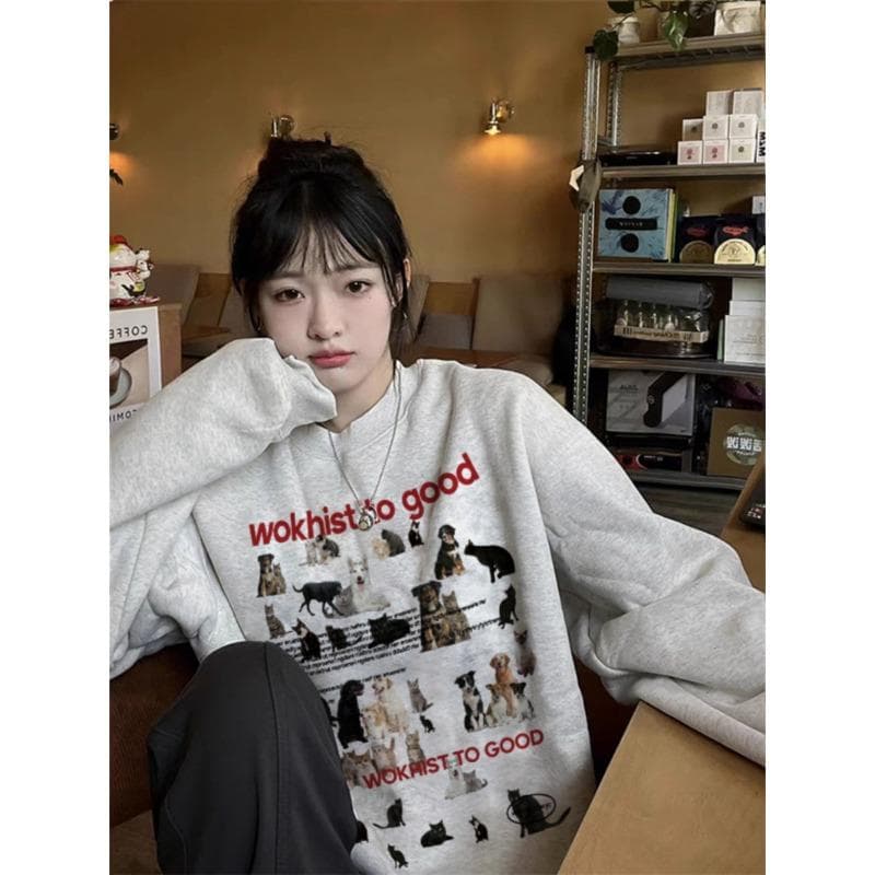 Retro Design Sense Pet Cat and Dog Printed Sweatshirt for Women In Autumn and Winter Gray Round Neck Loose Jacket Top XXL