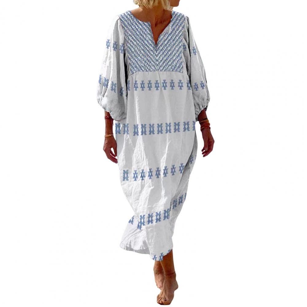 Summer Lady Dress Three Quarter Sleeves Bohemian Style Printed Loose V Neck Pullover Casual Mid-calf Length Midi Dress L white