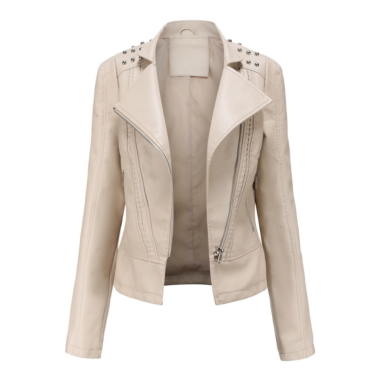 Women's Beaded Leather Jacket Women's Long Sleeve Fashion Jacket Lapel Motorcycle Jacket Thin Spring and Autumn Women's Clip-On 2XL