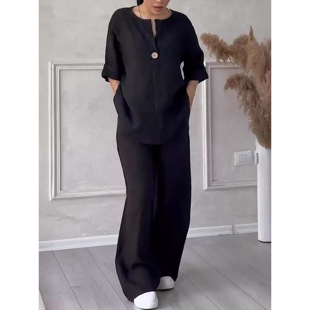 Fashionable European and American Women's Comfortable Loose Tops Wide-legged Pants Casual Cotton Linen Suit Plus Size 2XL black