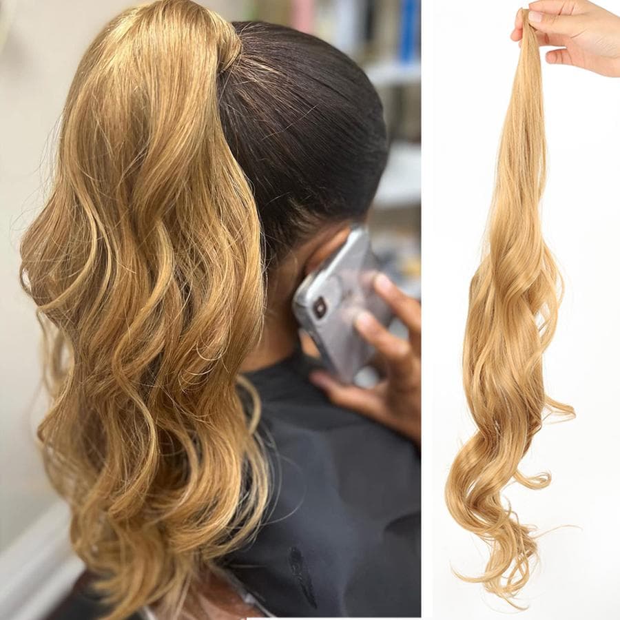 Aosiwig 32 Inch Flexible Wrap Around Ponytail Extension Long Ponytail Hair Extensions Curly Blonde Synthetic Ponytails Hairpiece for Women