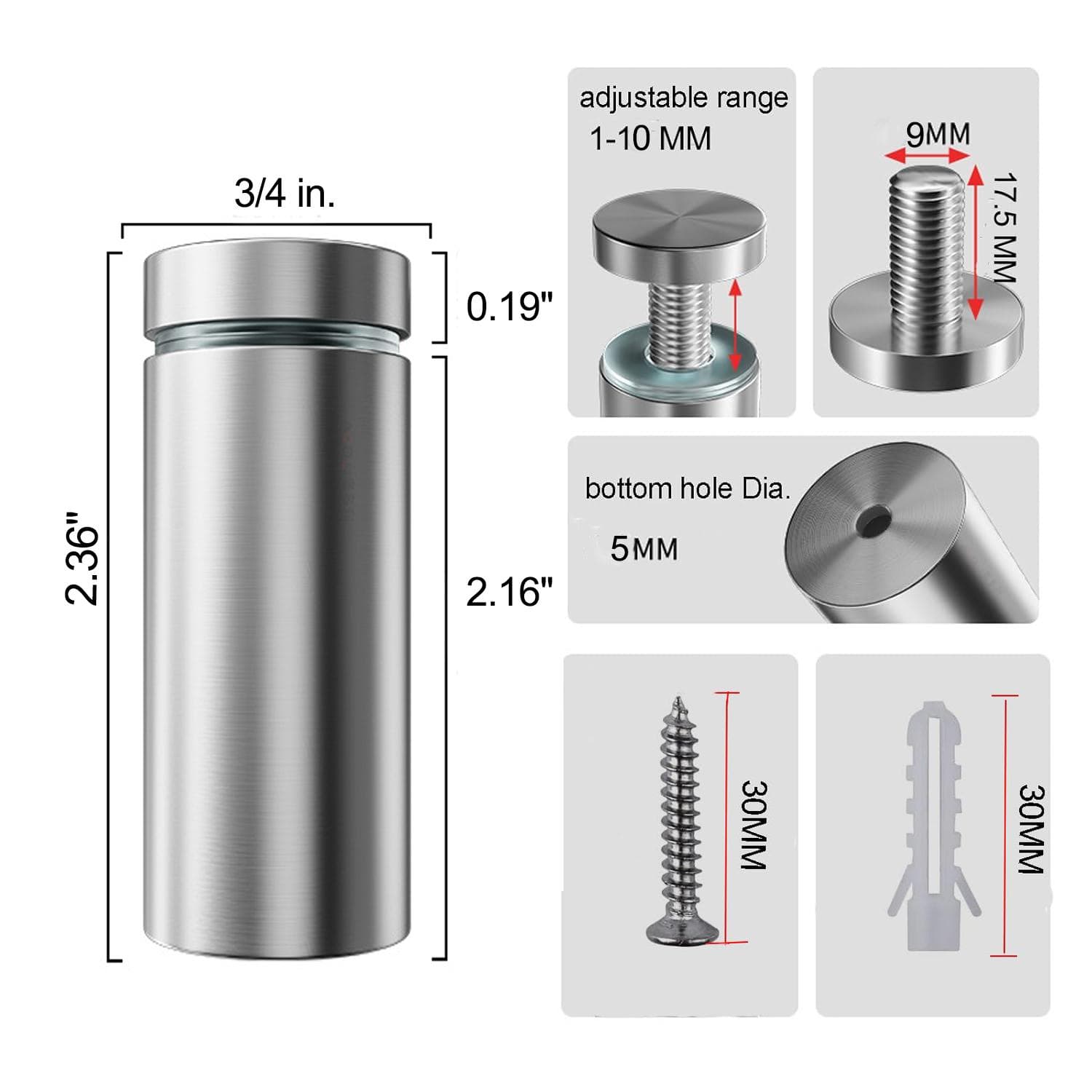 Sign Standoff Screws 1/2 x 1 Inch Stainless Steel Stand Off Wall Mounts Advertising Screw Hardware for Acrylic Signs (4Pcs) 3/4" x 2.36" silver