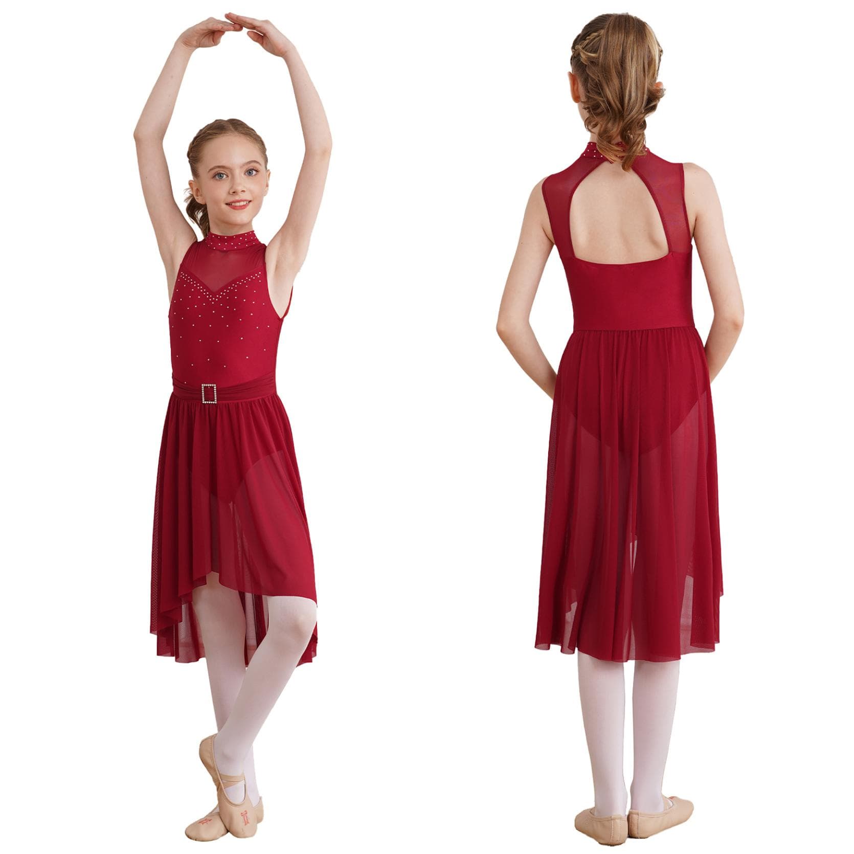Lyrical Dance Dress for Girls Latin Jazz Gymnastics Leotard 5-16 Years Ballet Dress Performance Costume 5-6 Years burgundy