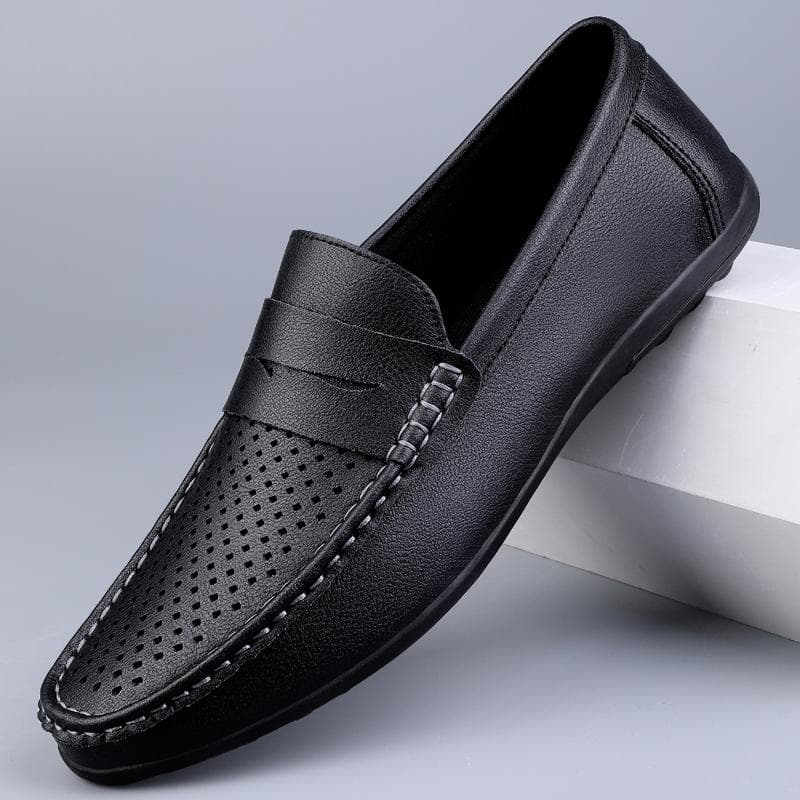 Men's Shoes Luxury Brand Business Leather Shoe Hollow Out Breathable Casual Shoes Moccasins Slip on Loafers Light Driving Shoes 47 black