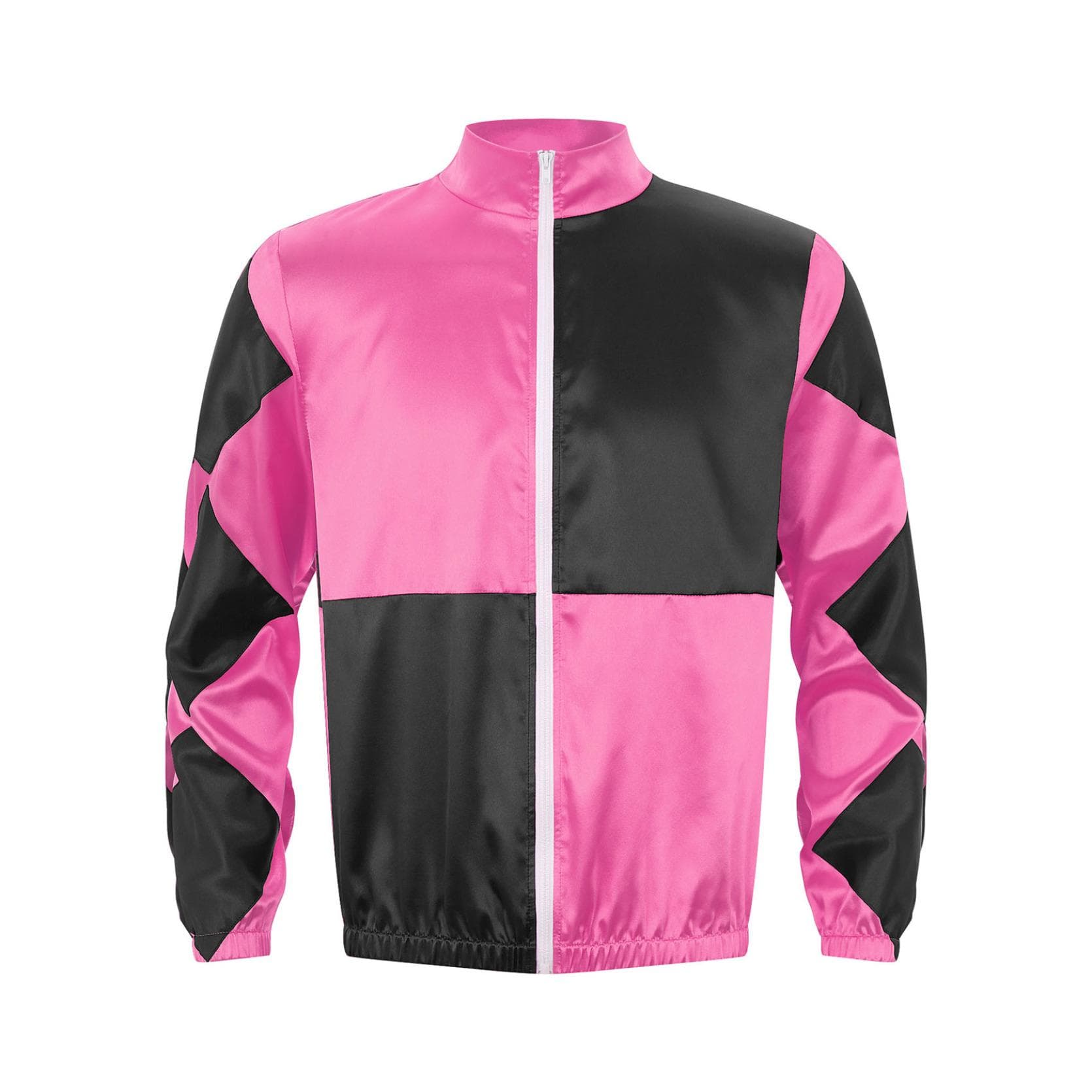 Mens Satin Checkerboard Jackets Horse Costume Horse Rider Racing Uniform Sportswear 3XL black/hot pink