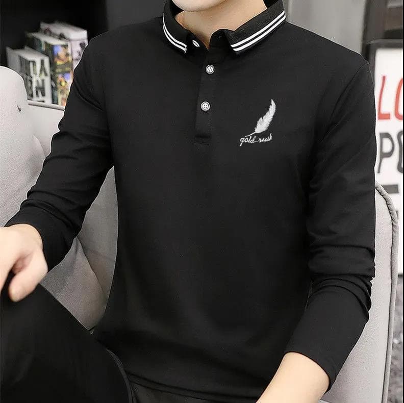 Pure Color Polo Shirt Men's Lapel Collar Long Sleeve T-Shirt Casual Fitness Top M black