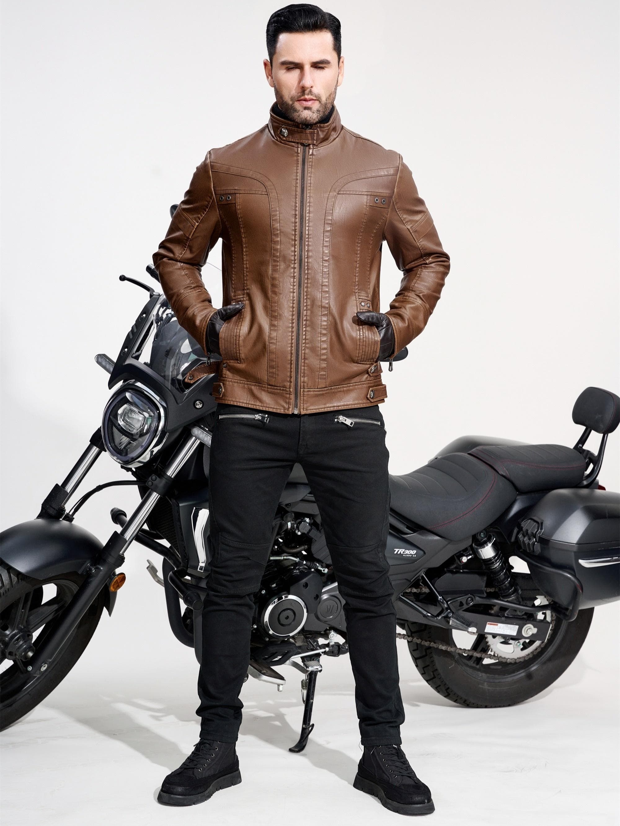 Men's Retro PU Leather Jacket - Chic Multi-Pocket Motorcycle Soft-shell Jacket - For Spring & Fall Stylish Outerwear for Casual & Motorcycle Riding XXXXXL