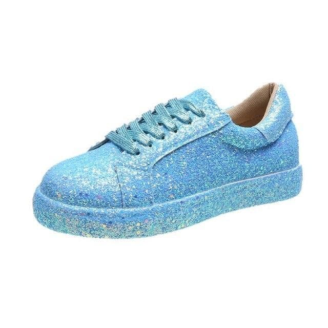 Women Vulcanize Shoes Sneakers Sliver Bling Shoes Girl Flat Glitter Sneakers Casual Female Breathable Lace Up Sport Shoes 38 sky blue