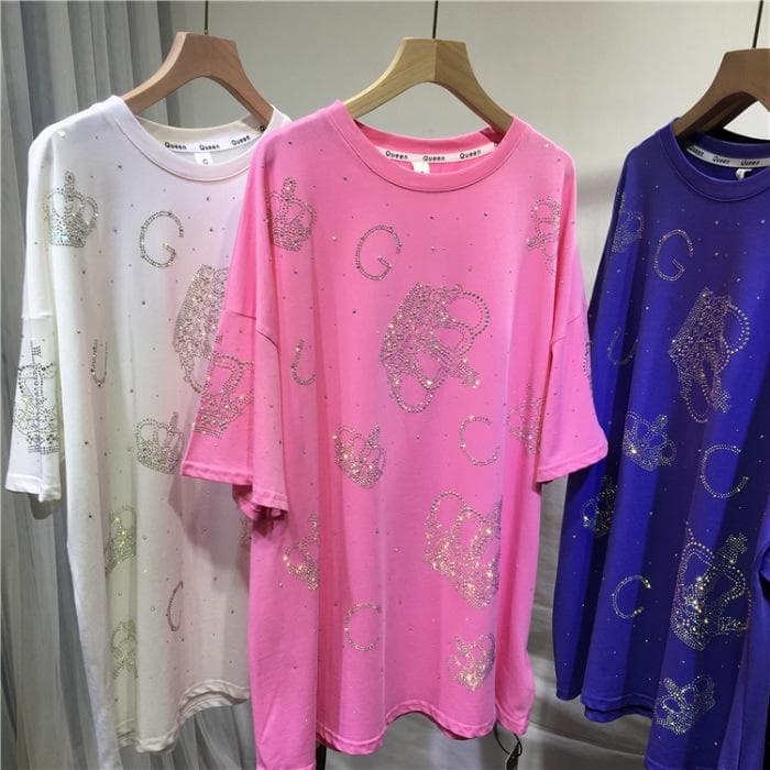 JKASHDK Women's Fashion Plus Size Casual Summer Spring Crown Print Short Sleeve O-Neck Blouses & Shirts XXXL pink