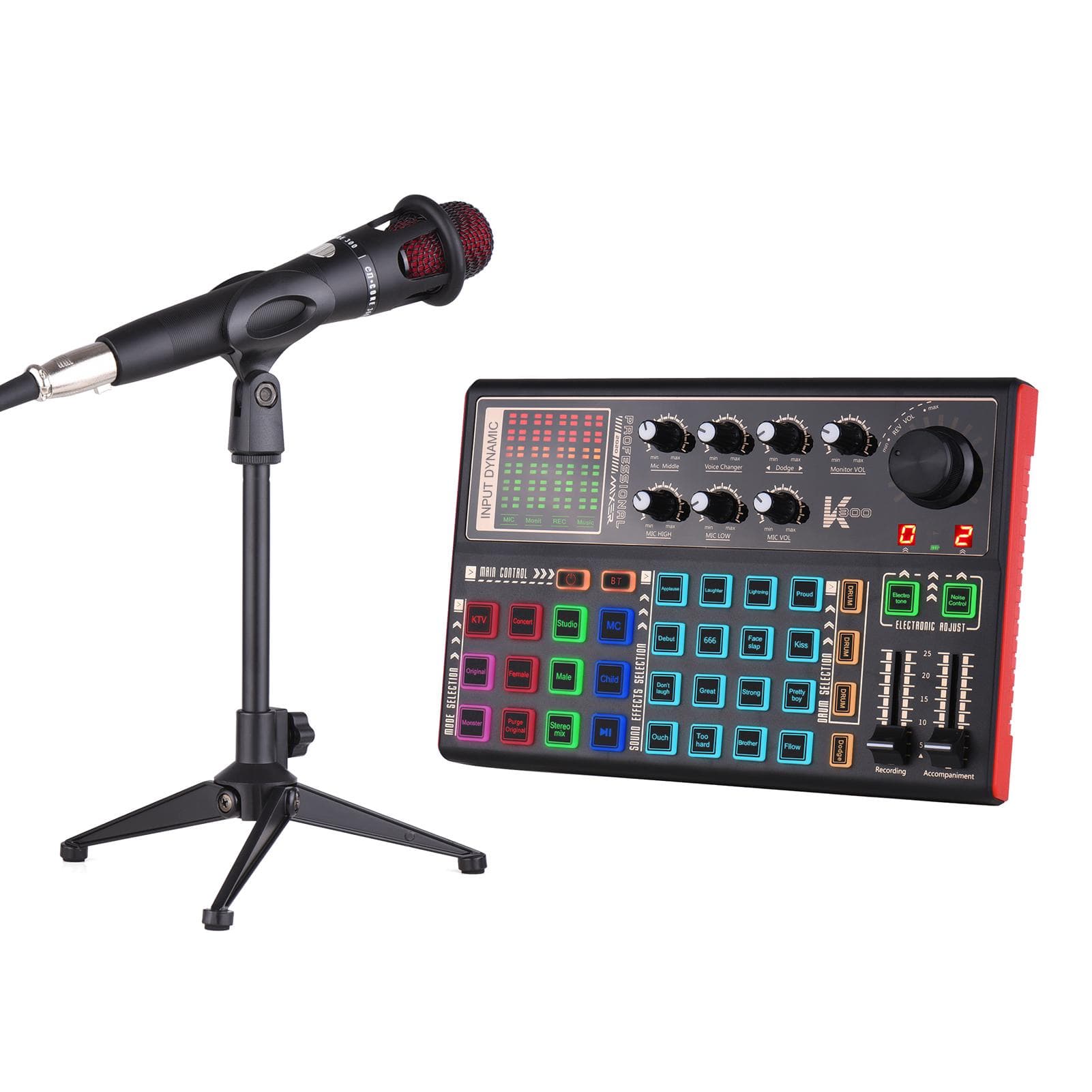SK300 Live Sound Card External Voice Changer Audio Mixer Kit Built-in Rechargeable Battery Multiple Sound Effects with Microphone Mic Stand Earphone Sound Card Kit