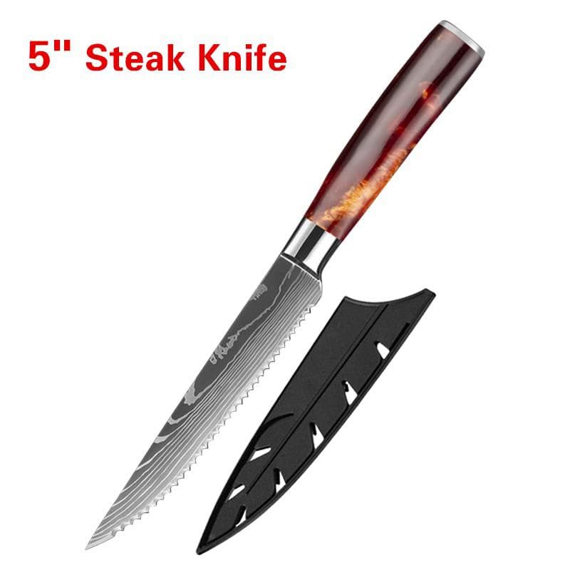 Stainless Steel Serrated Steak Knife Sharp Blade Damascus Pattern Steak Knife 1pcs a
