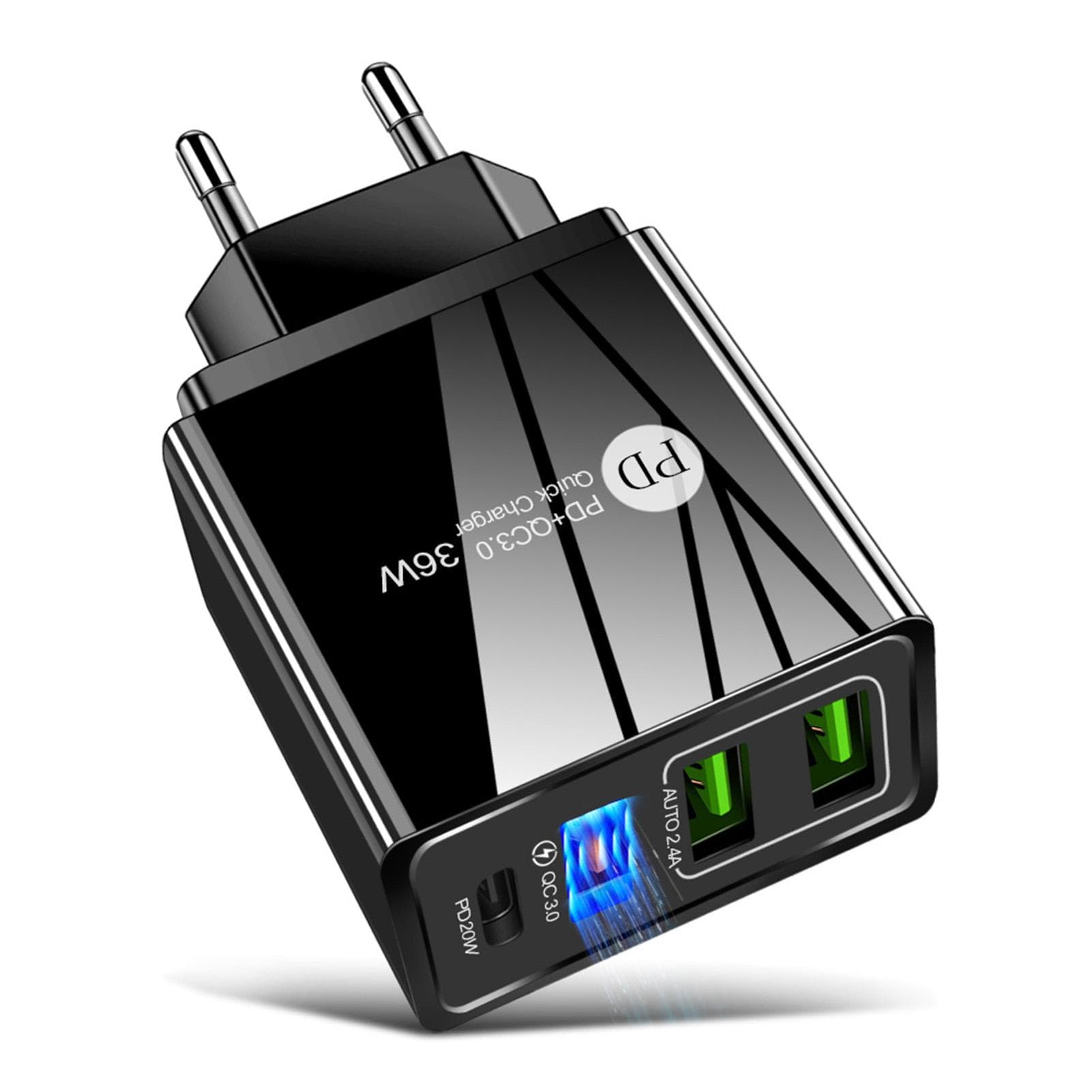36W PD Quick C-harger F-ast Chargring Adapter with 3 USB Chargeing Port Travel C-hargers Portable EU Plug black