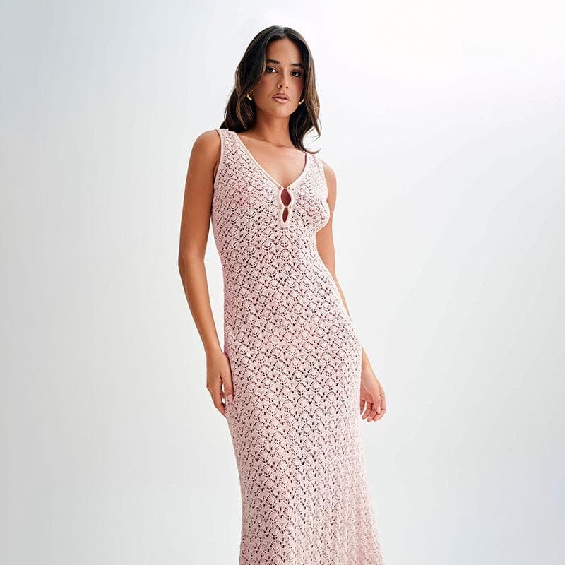 New Knitted Beach Skirt Sexy Sleeveless Hollow Perspective Seaside Vacation Dress Sun Protection Clothing L pink