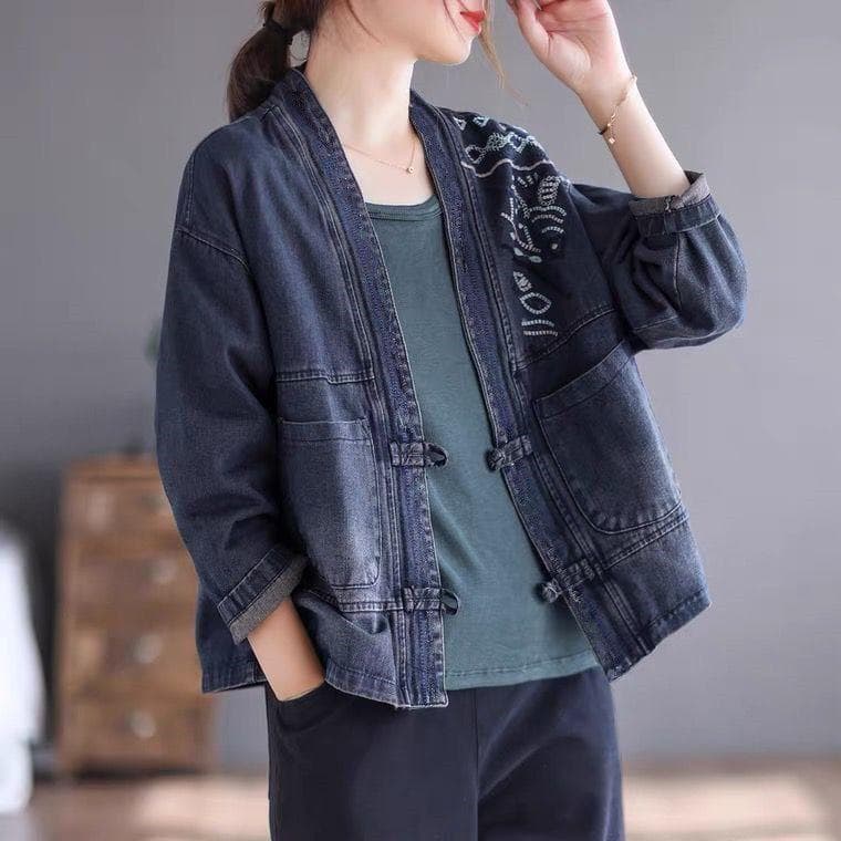 Literary Retro Embroidered Denim Jacket Wome's Loose Cardigan Button Coat Jacket 5XL