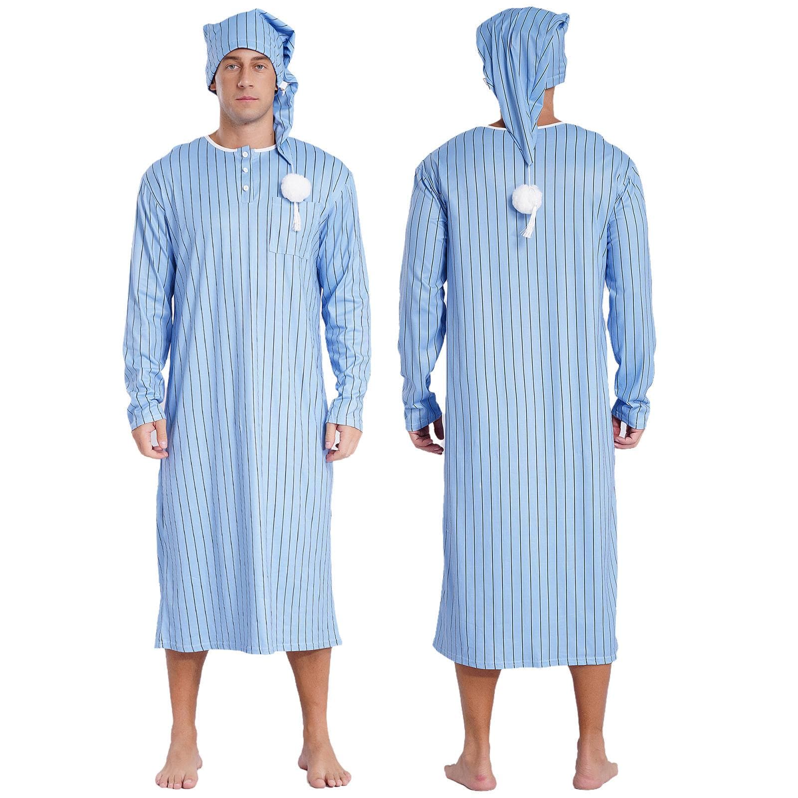 Men's Henley Sleep Shirt Nightgown Striped Big&Tall Long Sleeve Nightshirt with Night Hat L light blue