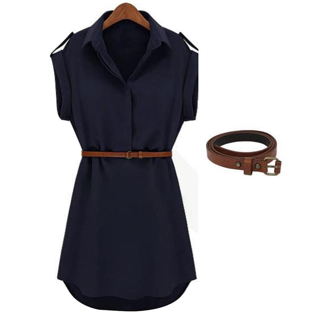 Women Fashion Casual Summer Loose Short Sleeve Dress With Belt M Dark blue