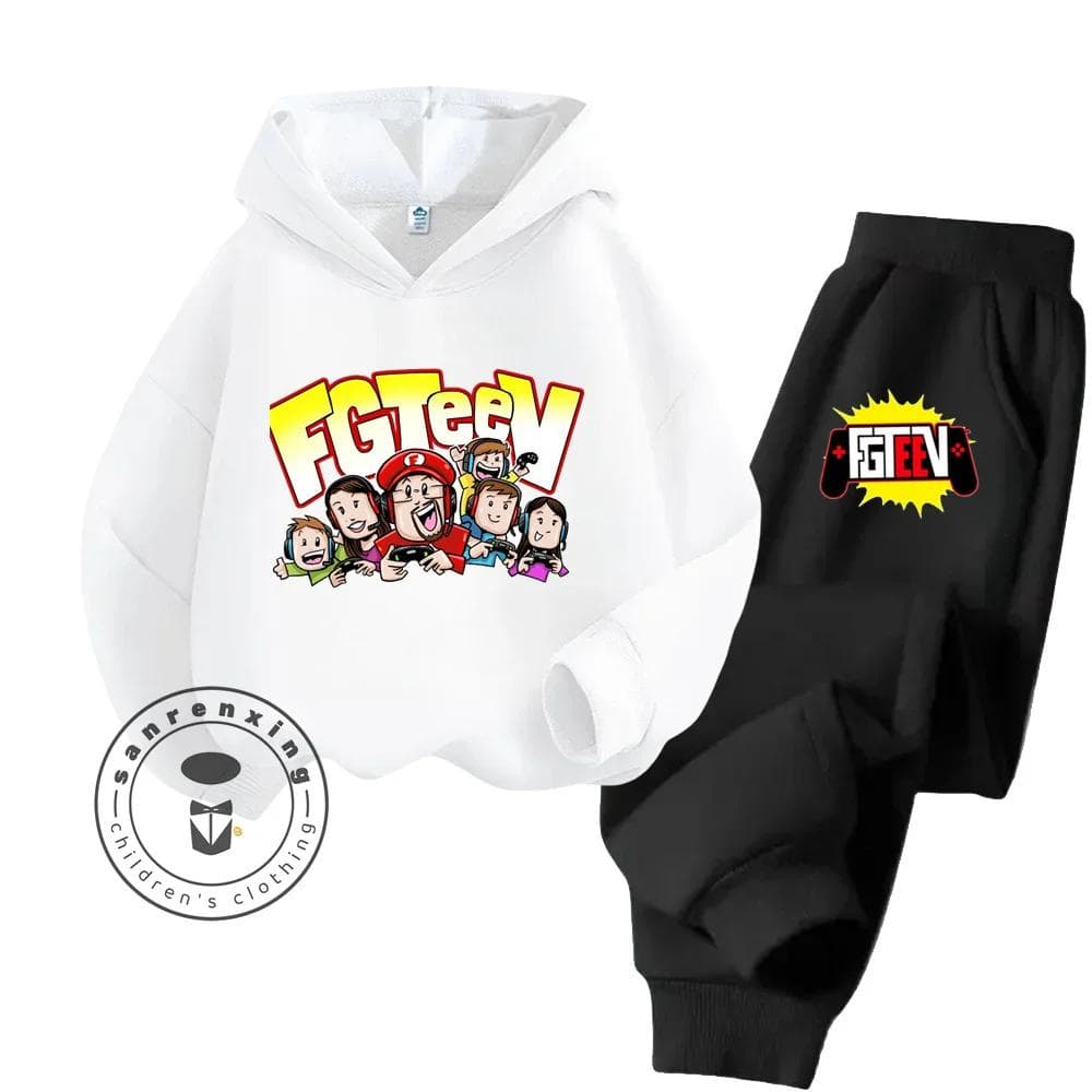 FGTeeV Cartoon Loungewear Ideal for Lazy Weekends Indoors Children's Creative Design Cartoon Printing Pure Cotton Hoodie Set 160