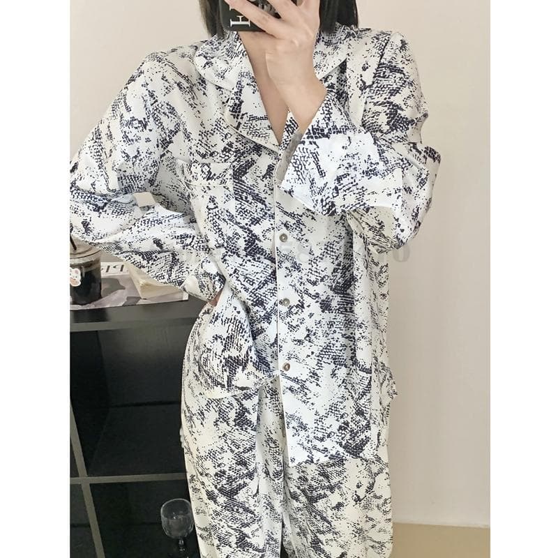 Women Long Sleeve Pajamas Set Print Silky Satin Loungewear Trouser Suits Sleepwear Spring Summer Pyjama Pour Femme Home Clothes XL