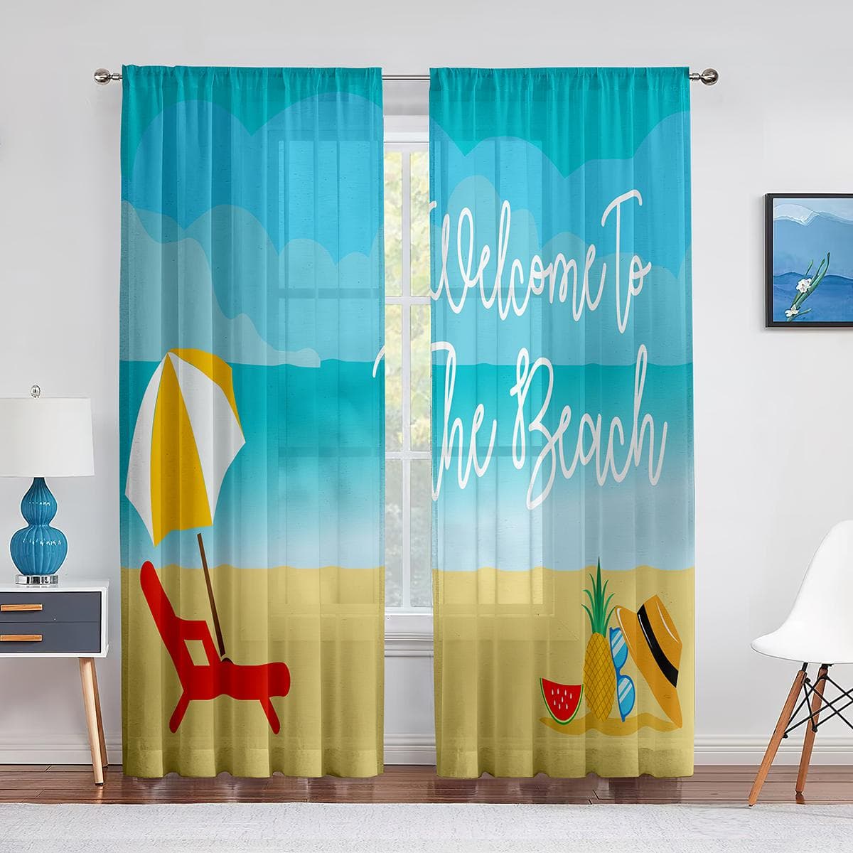 Ocean Summer Beach Sunlight Seawater Tulle In Sheer Curtains for Living Room Bedroom Kitchen Window Treatment Chiffon Curtain 1 PCS W100XH250cm&Grommet Top