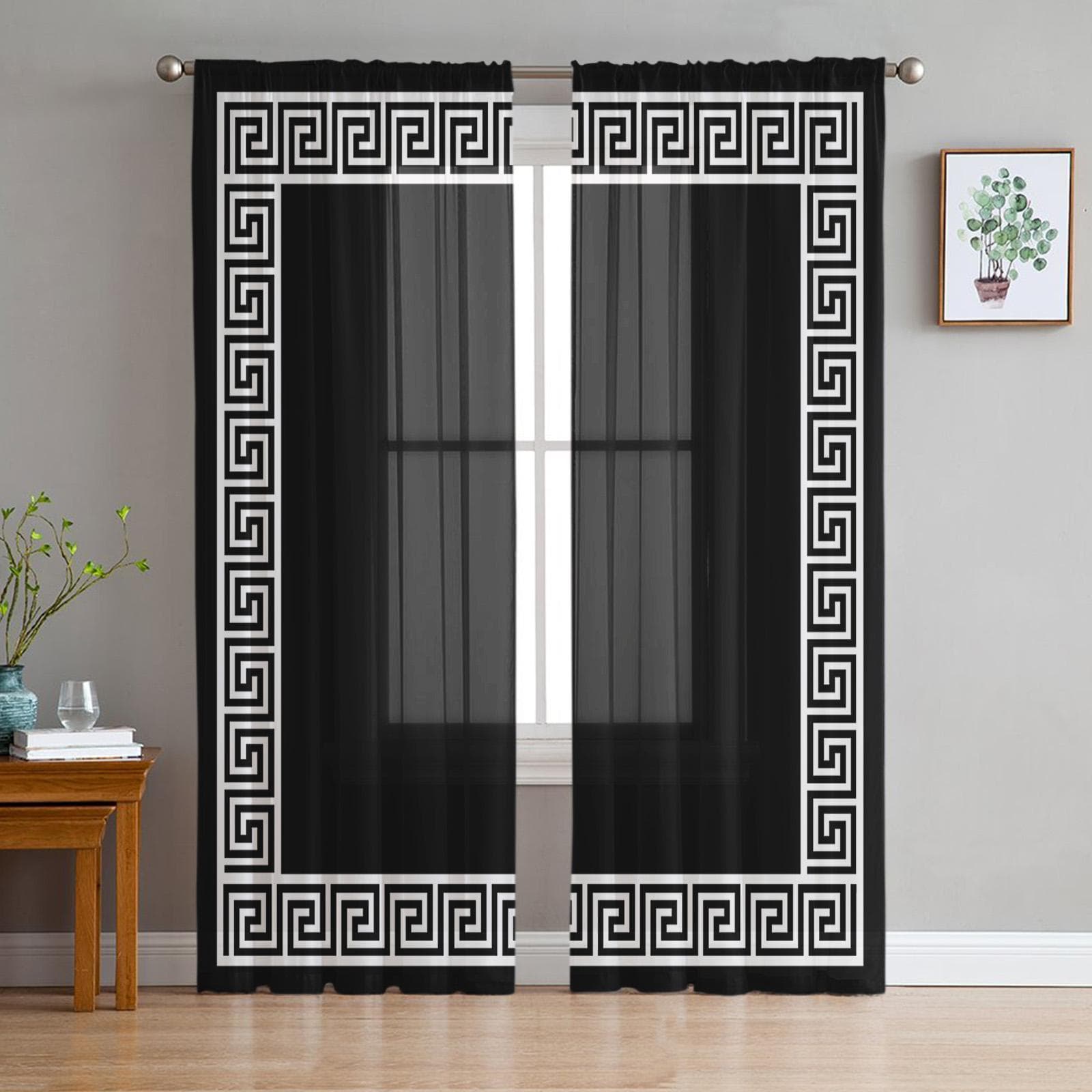 Red Geometric Greek Key Pattern Voile Sheer Curtains Living Room Window Chiffon Tulle Curtain Kitchen Bedroom Drapes Home Decor 135W x 244H(cm)