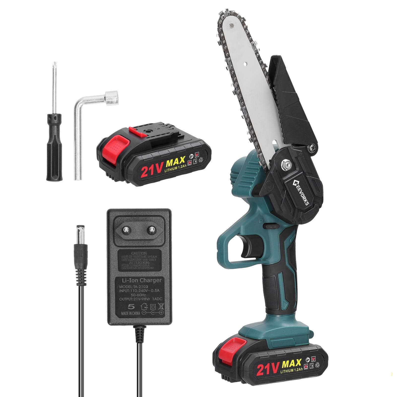 21V 6inch Portable Electric Pruning Saws Rechargeable Small Wood Spliting Chainsaw One-handed (EU) 2pcs 1200mAh battery