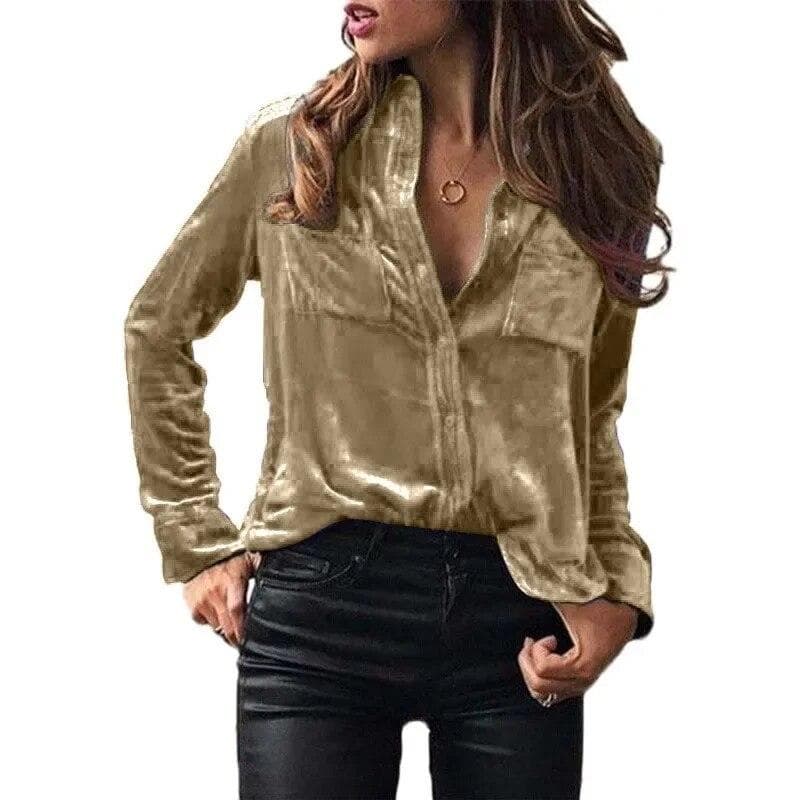 Fashion Long Sleeve Pockets Loose Women Blouse Elegant Solid Button Up Simple Shirt Woman Tops Spring Autumn Velvet Shirts 30538 XXL apricot