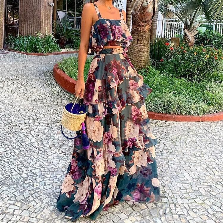 New Women's Beachside Vacation Style Printed Two-piece Set Suspender Top Cake Skirt Long Skirt Set M