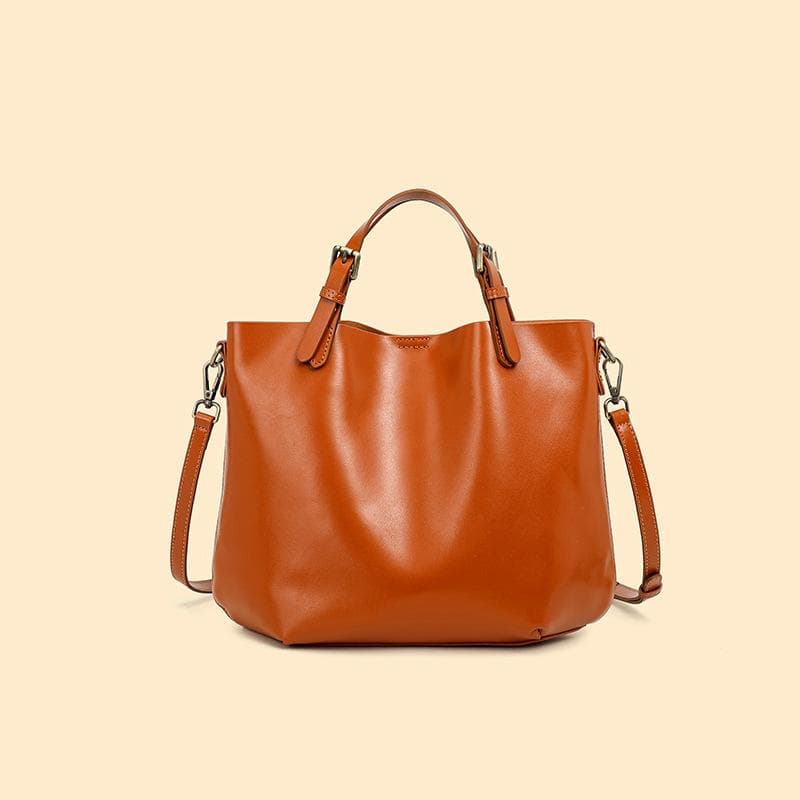 First Layer Leather Simple Commuter Tote Bag All-in-one Premium Hand Bill Shoulder Crossbody Bucket Bag for Women