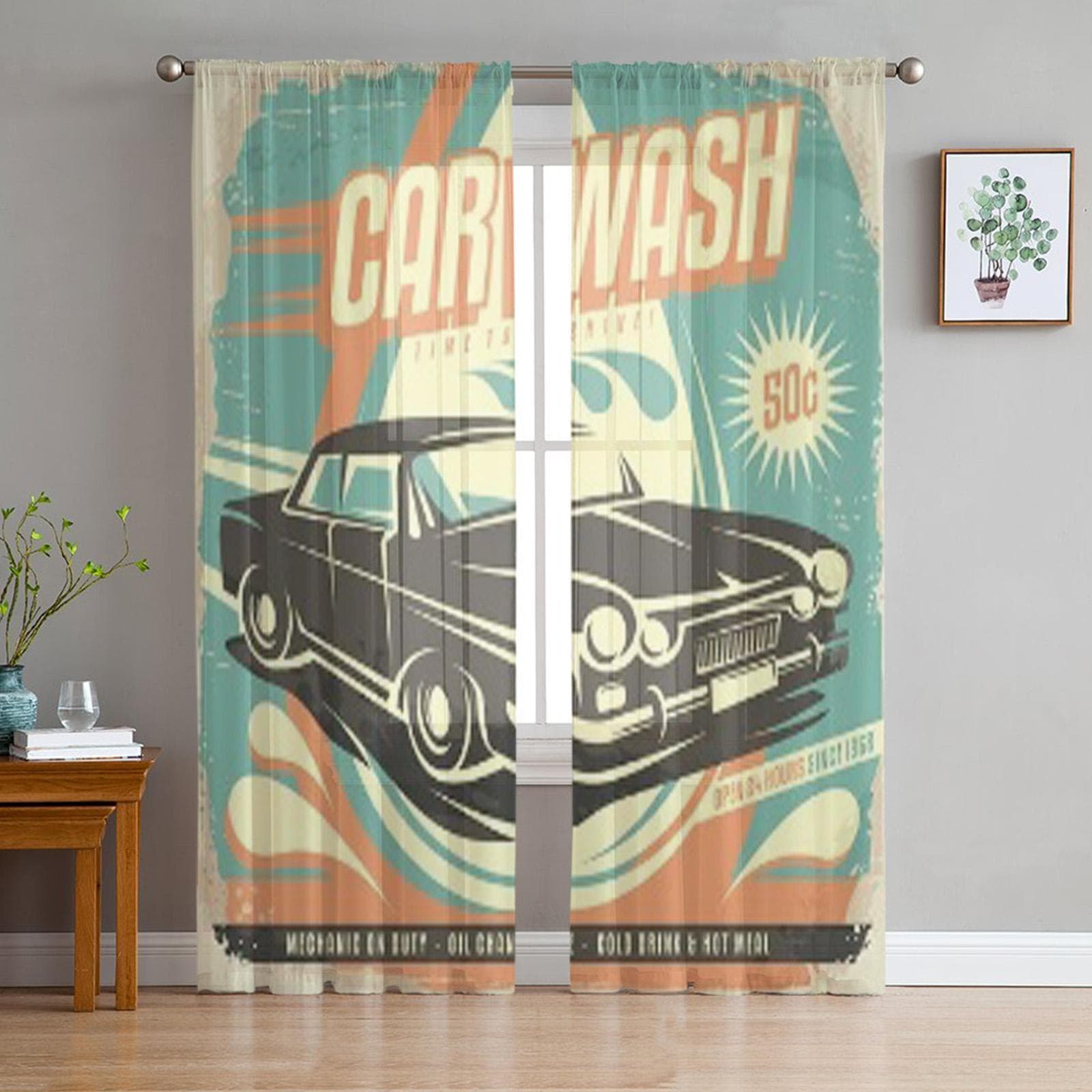 Retro Car Wash Poster Design Sheer Curtain For Living Room Bedroom Voile Curtains For Window Organza Curtains Party Tulle Drapes 135W x 114H(cm)
