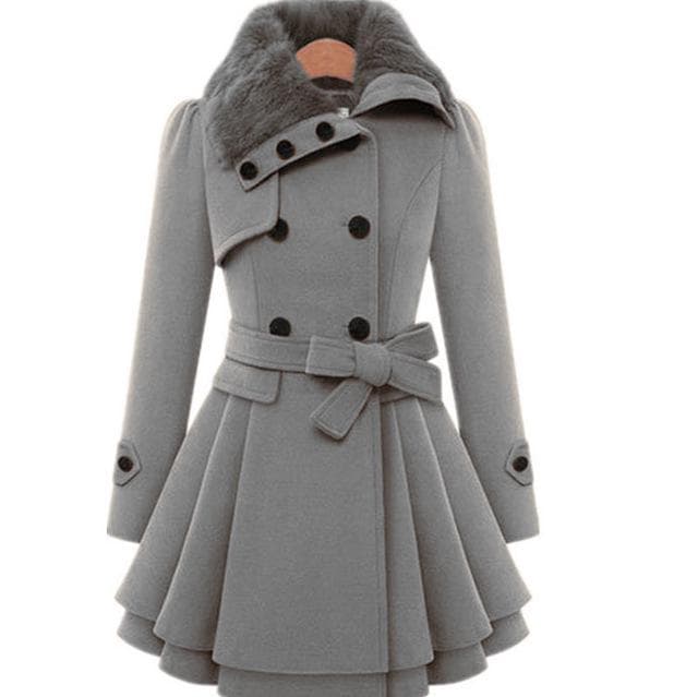 Women Vintage Woolen Coat Slim Trench Coats Lady Fur Collar Winter Woolen Coat Jackets Outwear M grey