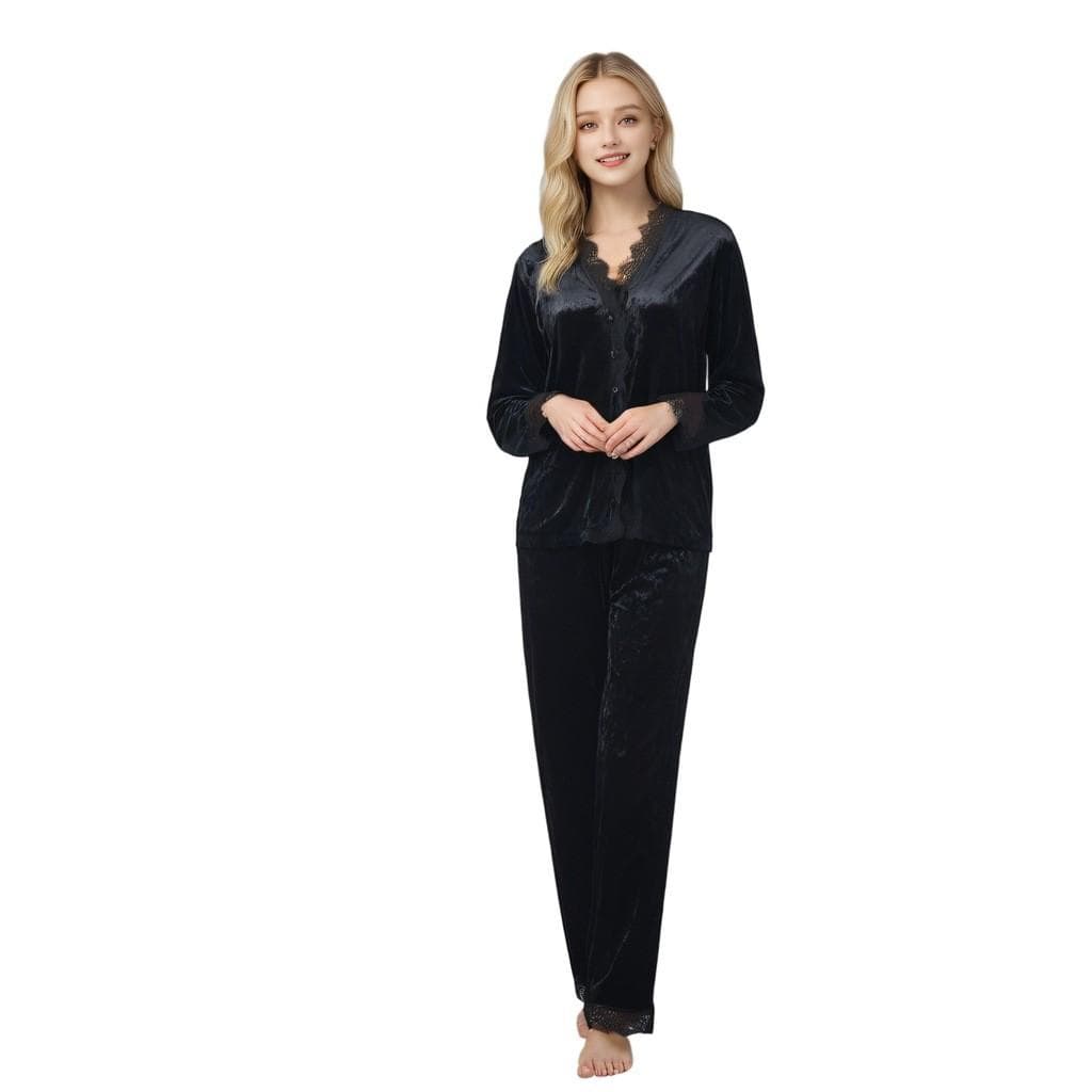 Pajama Set Spring Autumn Women's Sleepwear Gold Velvet Outerwear Set 2 Pieces Lace Loungewear Sleepwear Set XL black