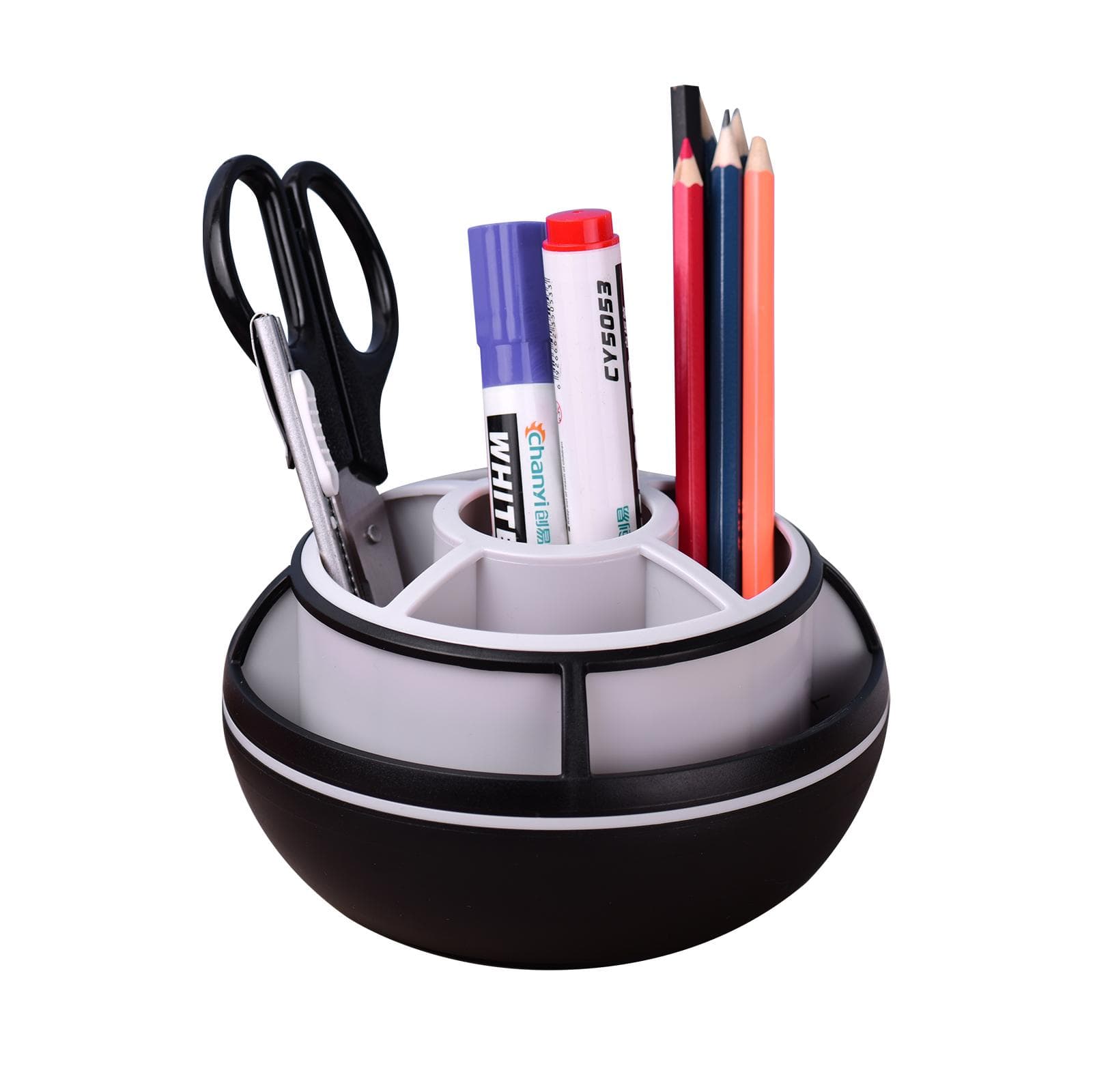 JIELISI 360degrees Rotating Pen Holder Desktop Stationery Storage Box with 9 Compartments for Study School Office Supplies black