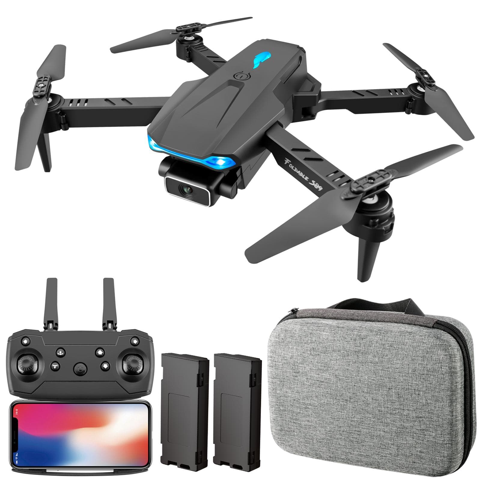 S89 RC Drone with Camera 4K Wifi FPV Dual Camera Drone Mini Folding Quadcopter Toy for Adults Kids dual camera 2 batteries black