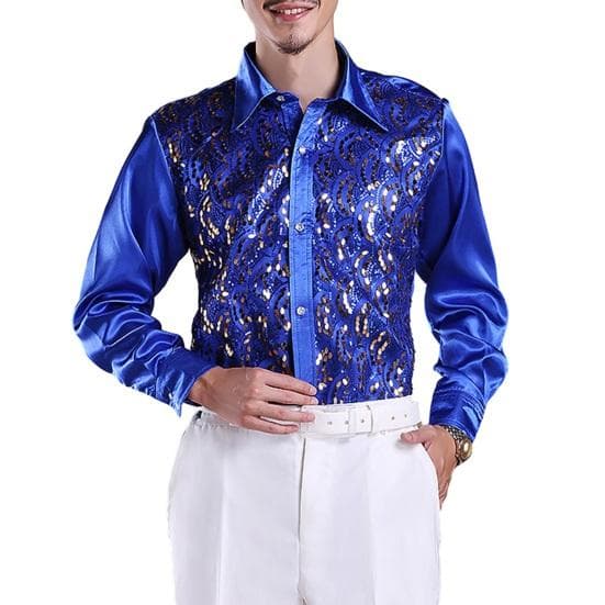 Men Luxury Sequins Shirt Lapel Long Sleeve Single-Breasted Wedding Stage Shirt Slim Fit Formal XL royal blue