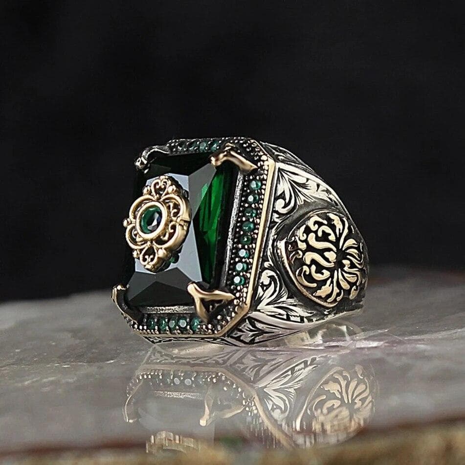 Retro Handmade Turkish Signet Rings For Men Ancient Silver Color Carved Scorpion Animal Rings Yellow Zircon Inlay Muslim Rings 8