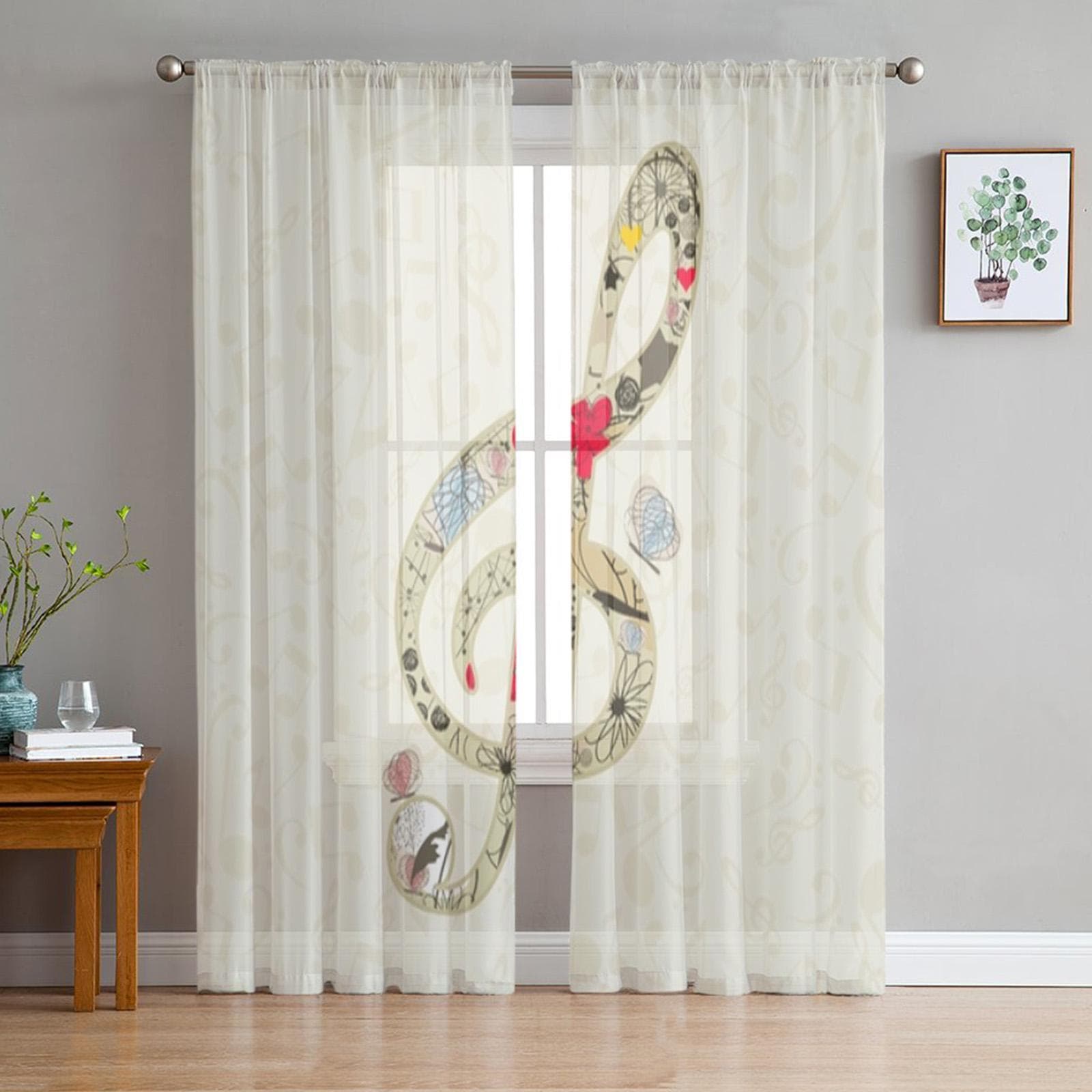 Music Note Sheer Curtains for Living Room Transparent Tulle Window Treatments Bedroom Kitchen Home Decor Veil Drapes 135W x 114H(cm)