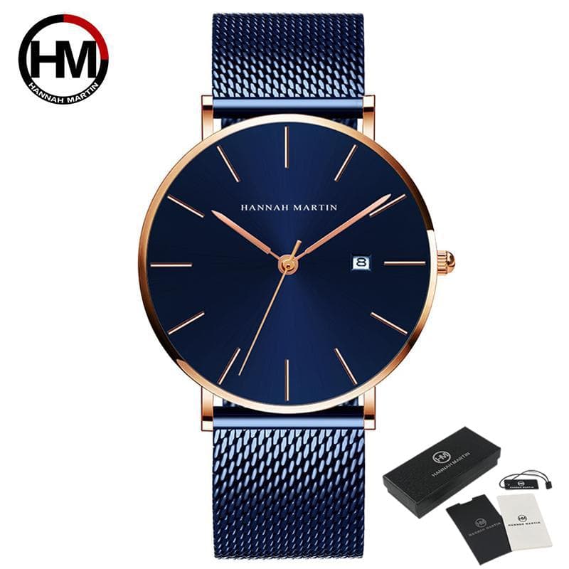 Hannah Martin Fashion Men's Watch Brand Luxury Male Quartz Watches Minimalist Casual Leather Strap Digital Calendar Wristwatch Men Clock blue/rose gold