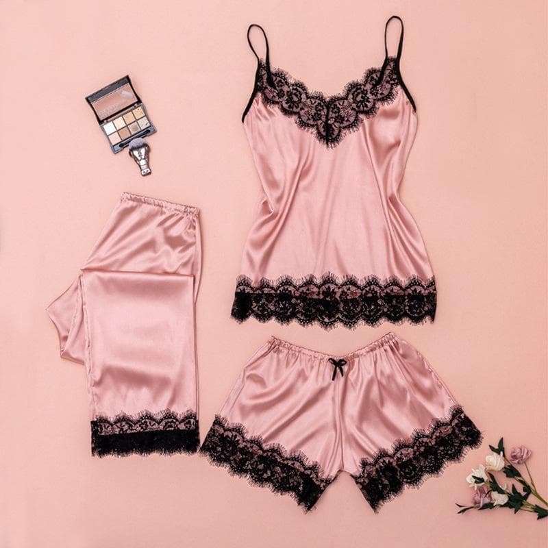 Women's Satin Pajama Set Lace Trimmed Pajamas V Neck Camisole Shorts Trousers Summer Home Wear 3 Piece Pajamas Home Wear Set 2XL