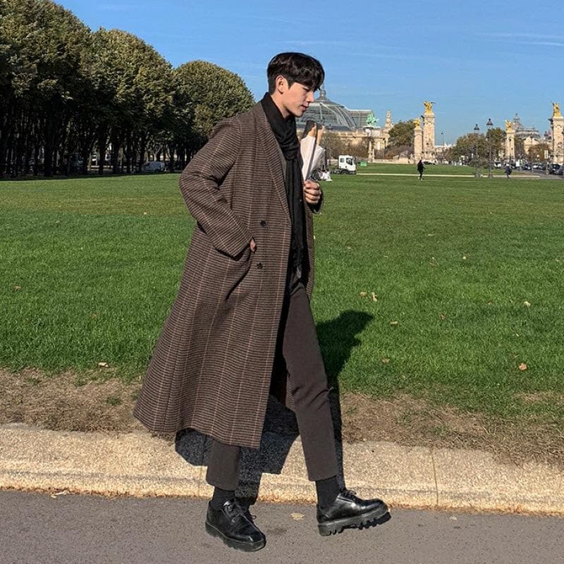 Plaid Woolen Coat Men's Autumn and Winter Long Woolen Coat Korean Version Loose Thickened Knee Trench Coat 2XL