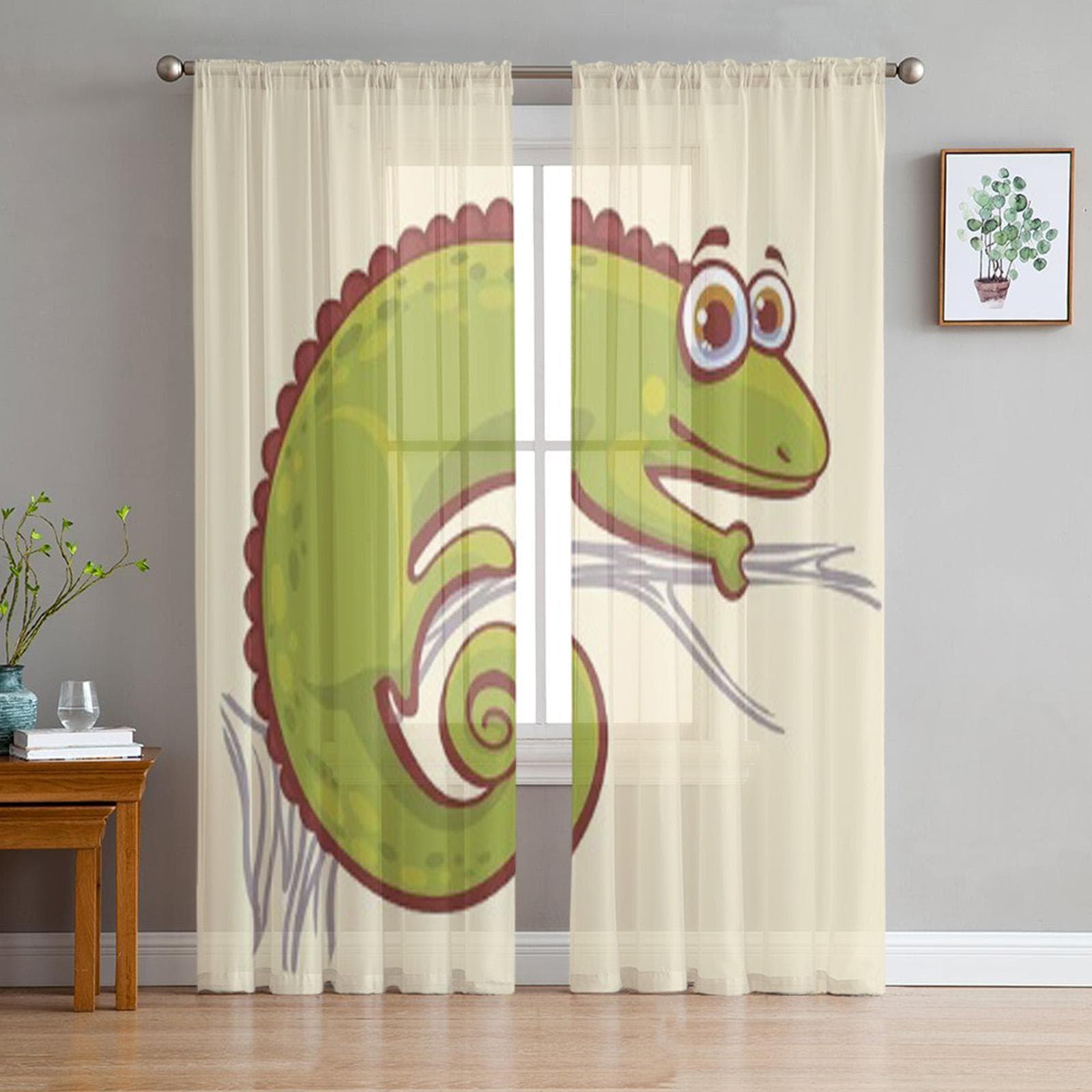 Funny Green Chameleon Tulle Curtains For Living Room Sheer Curtain Bedroom Veil Organza Decorative Window Treatments 135W x 114H(cm)