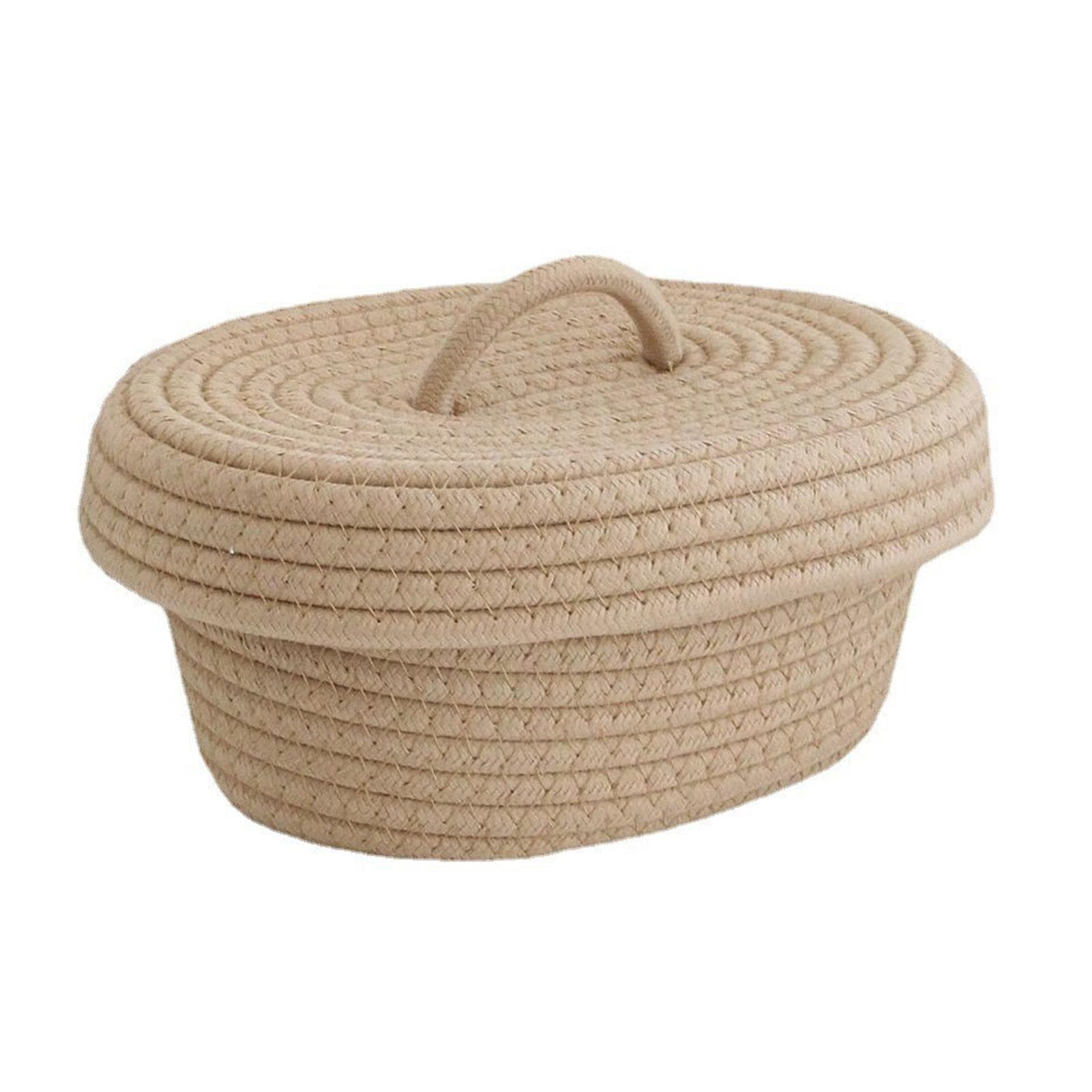 Desktop Storage Box with Lid Handmade Cotton Rope Storage Basket for Makeup Sundries Snack Needles khaki