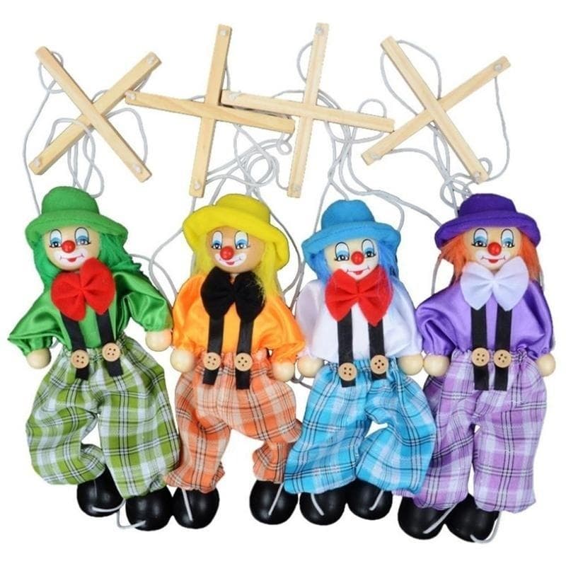 Pull String Puppet Clown Wooden Marionette Joint Activity Doll Vintage Child Toy