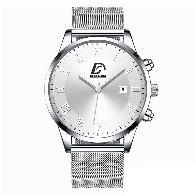 Fashion Mens Watches Luxury Stainless Steel Calendar Quartz Wrist Watch for Men Business Casual Clocks silver/white