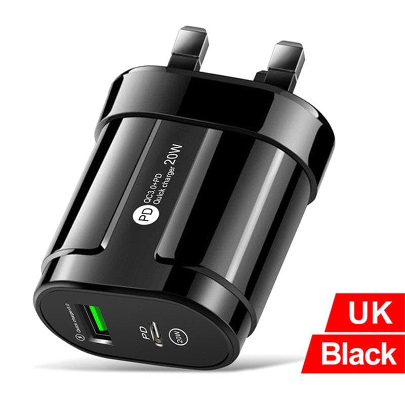 20W PD USB 5V 2A C Charger Dual Ports Wall Fast Charging Type-C Phone Adapter For iPhone 14 13 11 Pro iPad Huawei Xiaomi Samsung UK Plug black