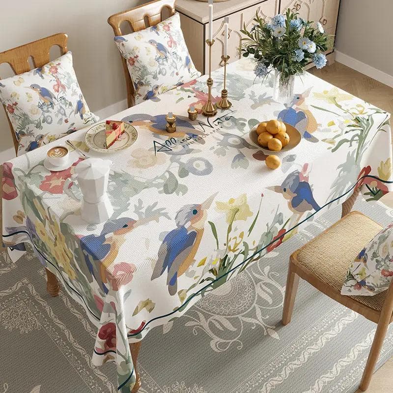 Rectangular Waterproof Cotton Linen Table Cover Flower and Bird Printed Tablecloth Anti Slip Wear-resistant Home Desktop Cover 90x90cm 1pcs