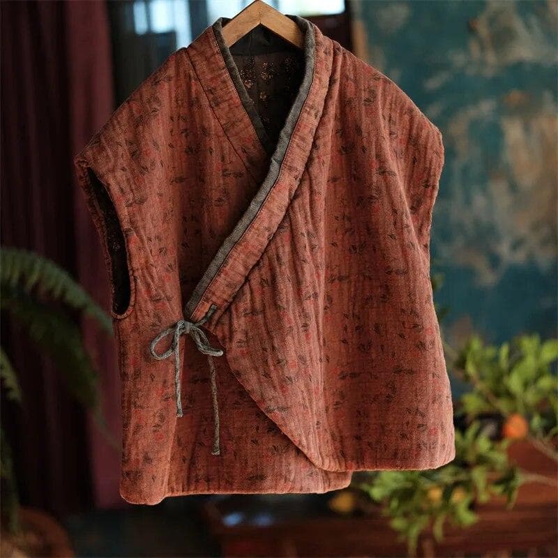 Johnature Women Vintage Bandage Plus Cotton Vests Coats V-Neck Sleeveless Winter Clothes Warm Women Chinese Style Vests One Size dark brown