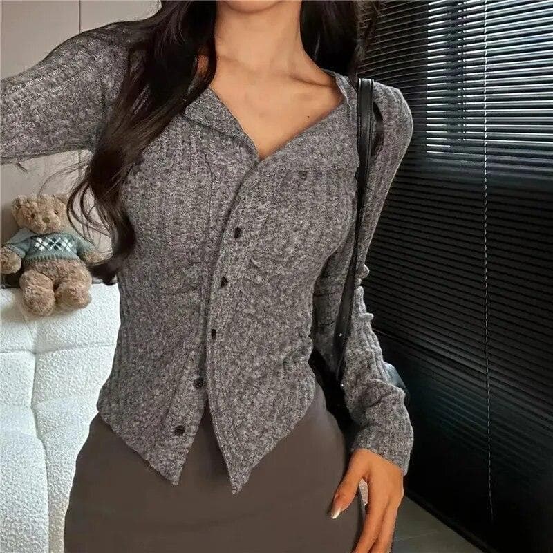 Y2k Knitted Cardigan Women Collar Sweater Coat Vintage Long Sleeve Single Breasted Top Autumn Fashion Girls Knitwear Jumper S dark gray