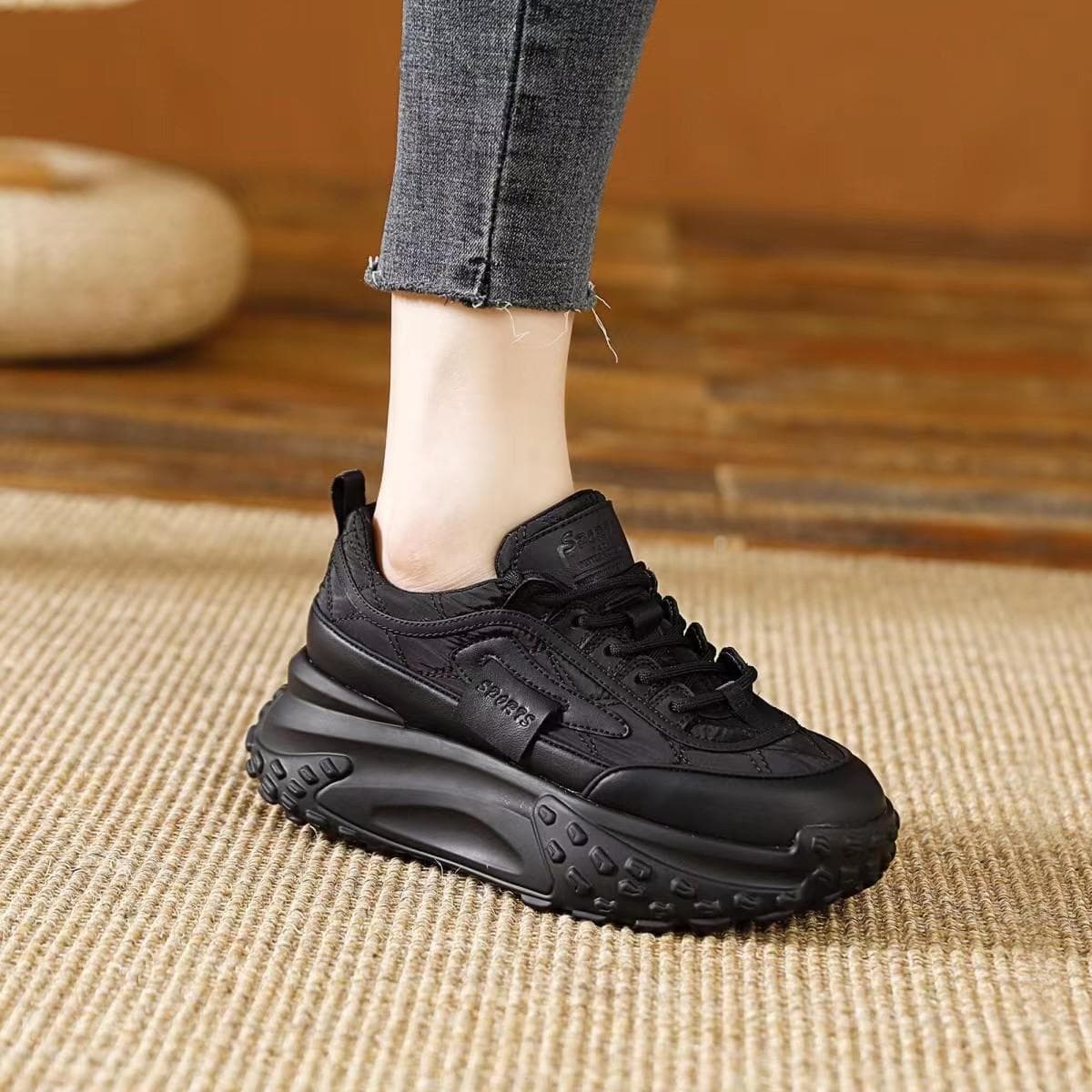 Spring Style Increased Fashion Casual Breathable Trendy Women's Shoes Low-top Lace-up Platform Shoes Daddy Shoes Thick-soled Women's Models 35 black