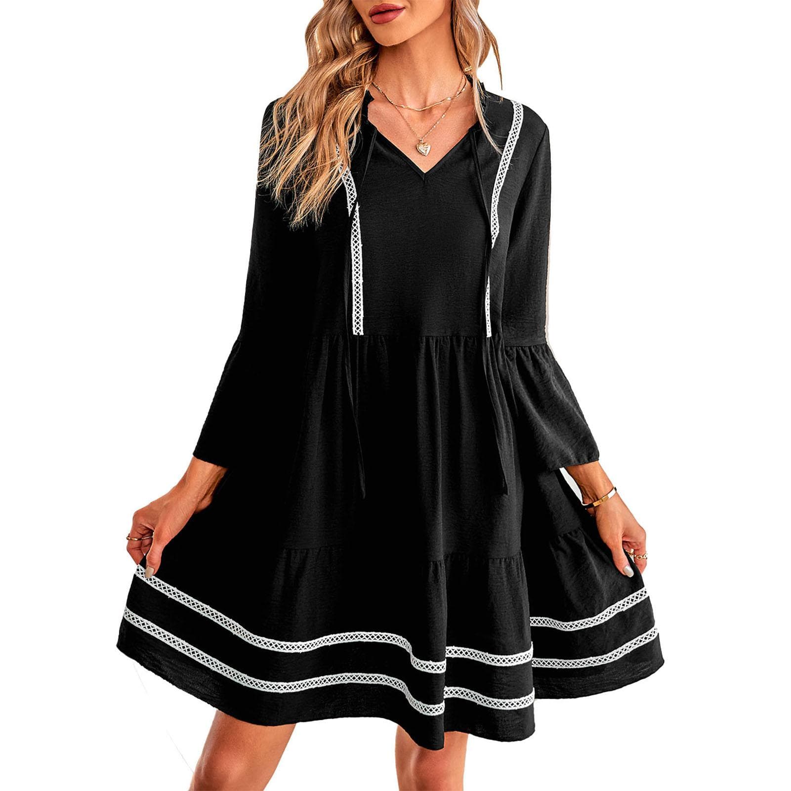 V Neck Ruffle Dress for Women Edge Tie Design Three Quarter Sleeve A Line Hem Breathable Womens XL