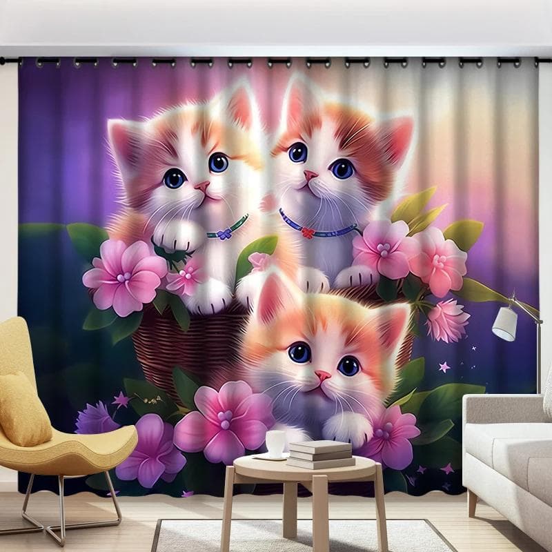 Cute Cat Blackout Curtains Children's Room Bay Window Floor-to-ceiling Window Easy Installation Shading Heat Various Patterns W55 X H120cm X 2&Grommet Top
